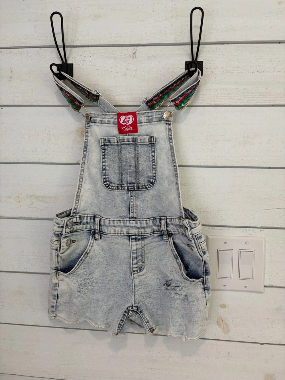 Justice x Jelly Belly sugar and stripe girls denim shortalls size 12